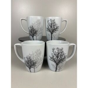 Corelle Coordinates TIMBER SHADOWS Porcelain Tree Coffee Tea Mugs White Set of 4
